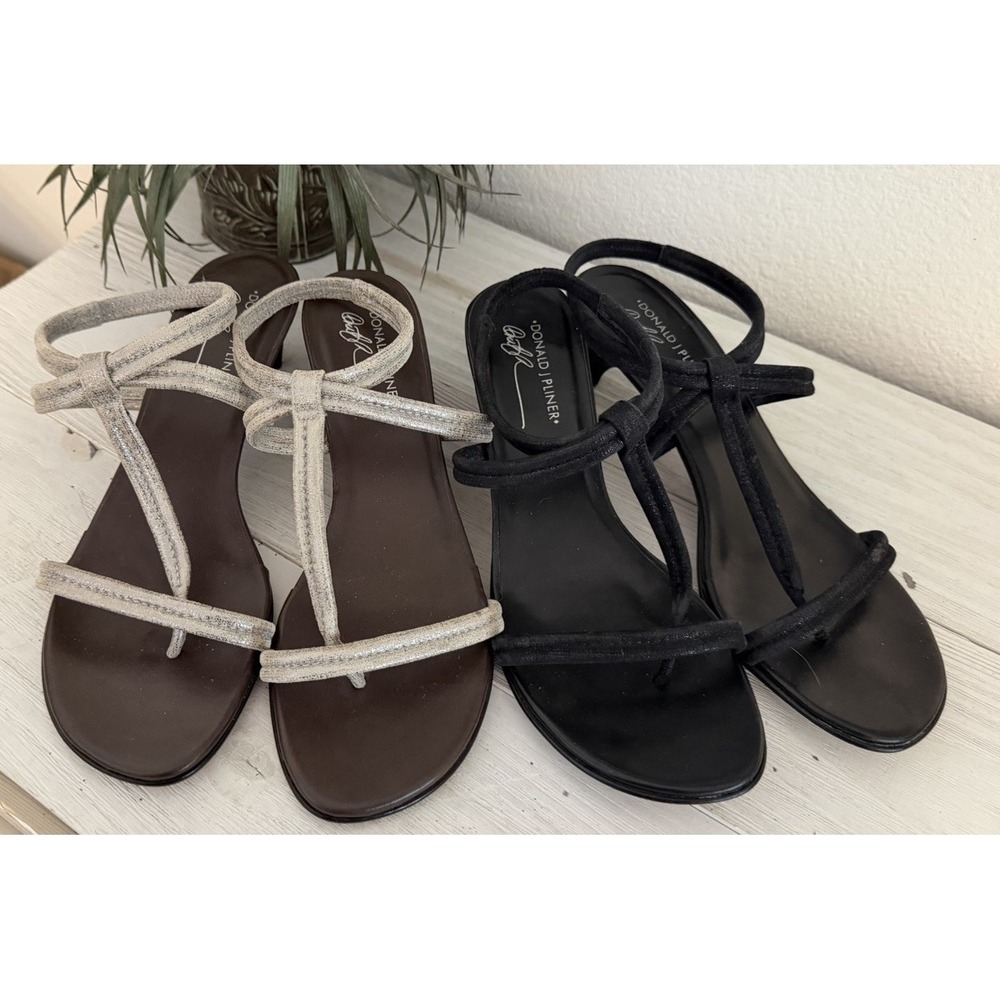 Donald Pliner 10.5 Vinod Open Toe Strappy Sandals Lot Bundle 2 Pair Silver Black